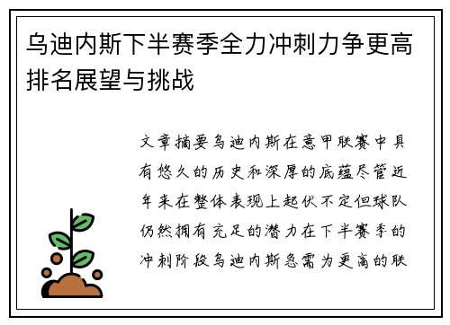 乌迪内斯下半赛季全力冲刺力争更高排名展望与挑战