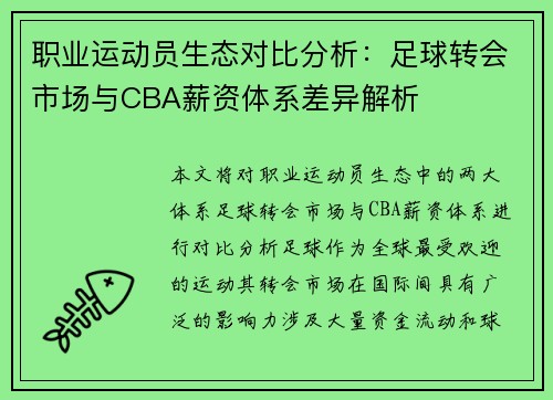 职业运动员生态对比分析：足球转会市场与CBA薪资体系差异解析